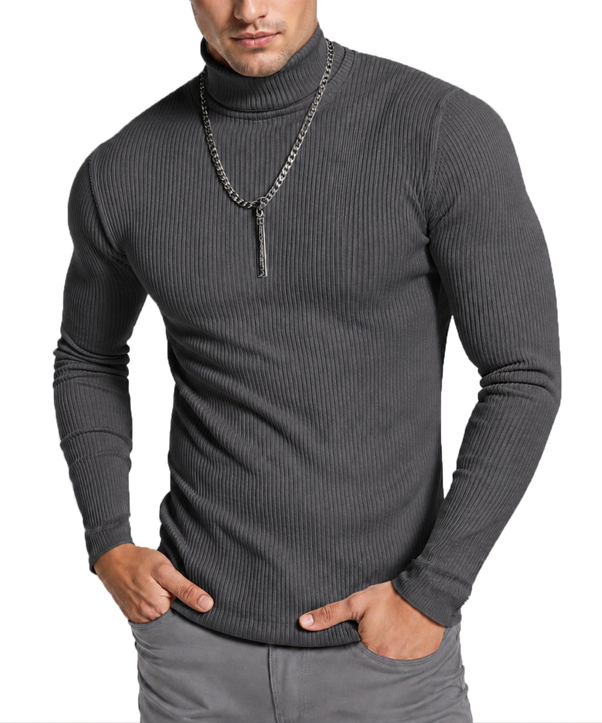 Soft Stretch Cotton Blend Ribbed Turtleneck Men Slim Fit Pullover Shirt