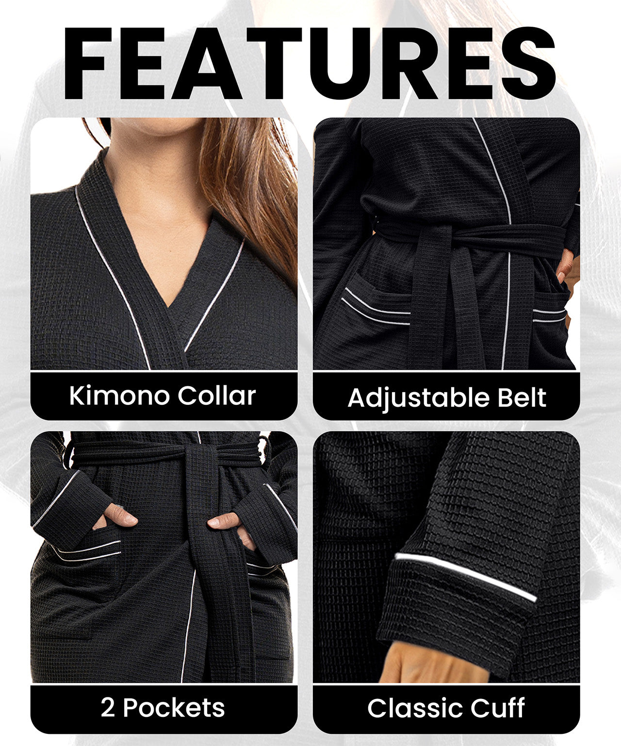 NY Threads Womens Robe Soft Knit Waffle Bathrobe Lightweight Knee-Length Loungewear, L, Black