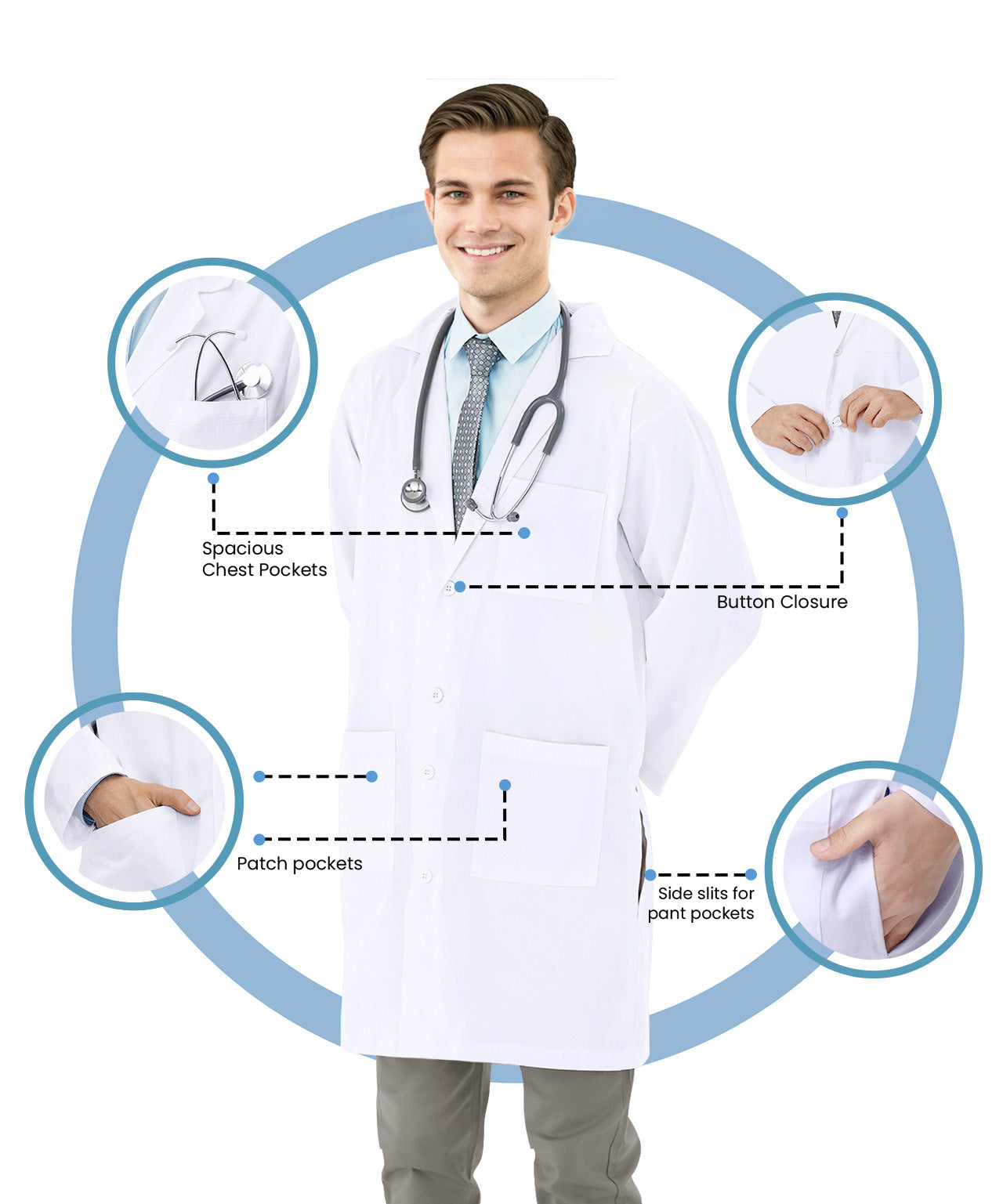 White Lab Coat for Men with Side-Slit Access and 3 Pockets