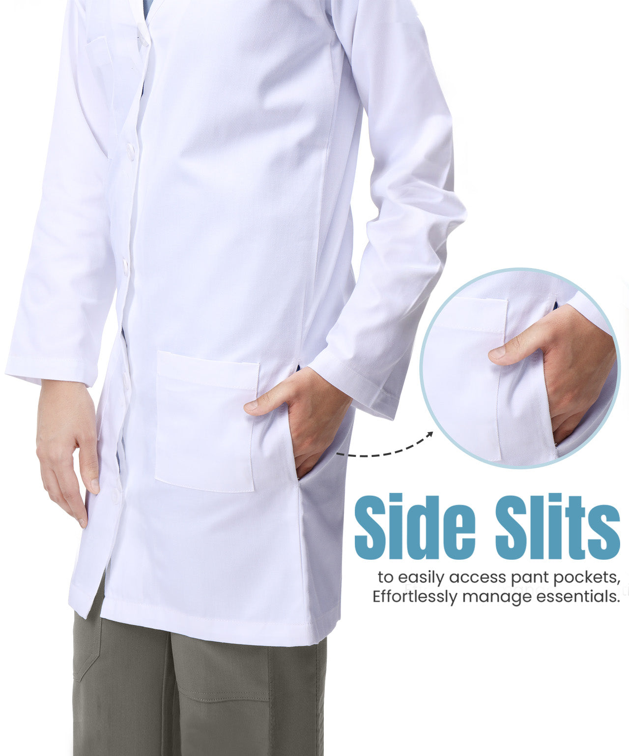 White Lab Coat for Men with Side-Slit Access and 3 Pockets