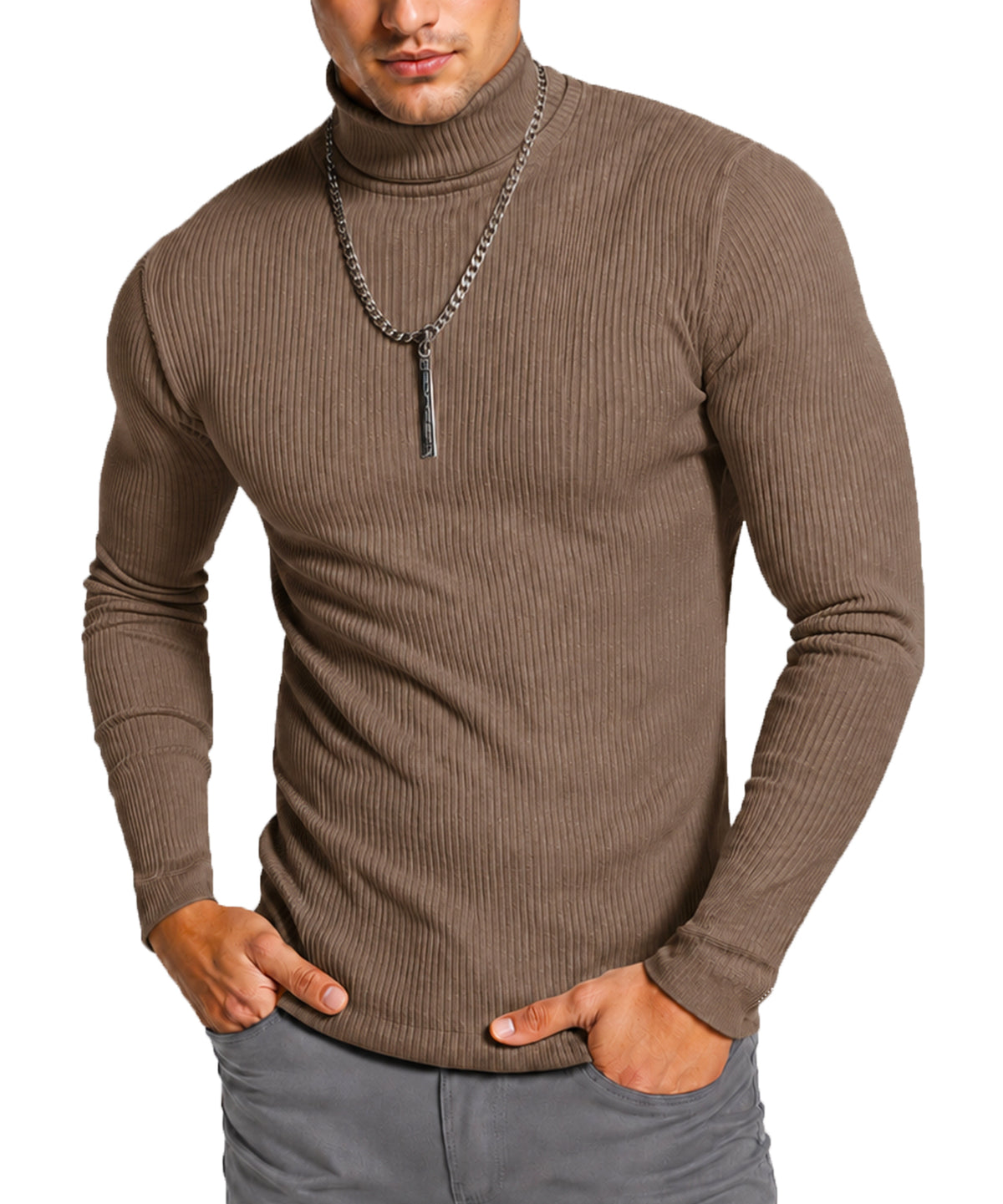 Soft Stretch Cotton Blend Ribbed Turtleneck Men Slim Fit Pullover Shirt