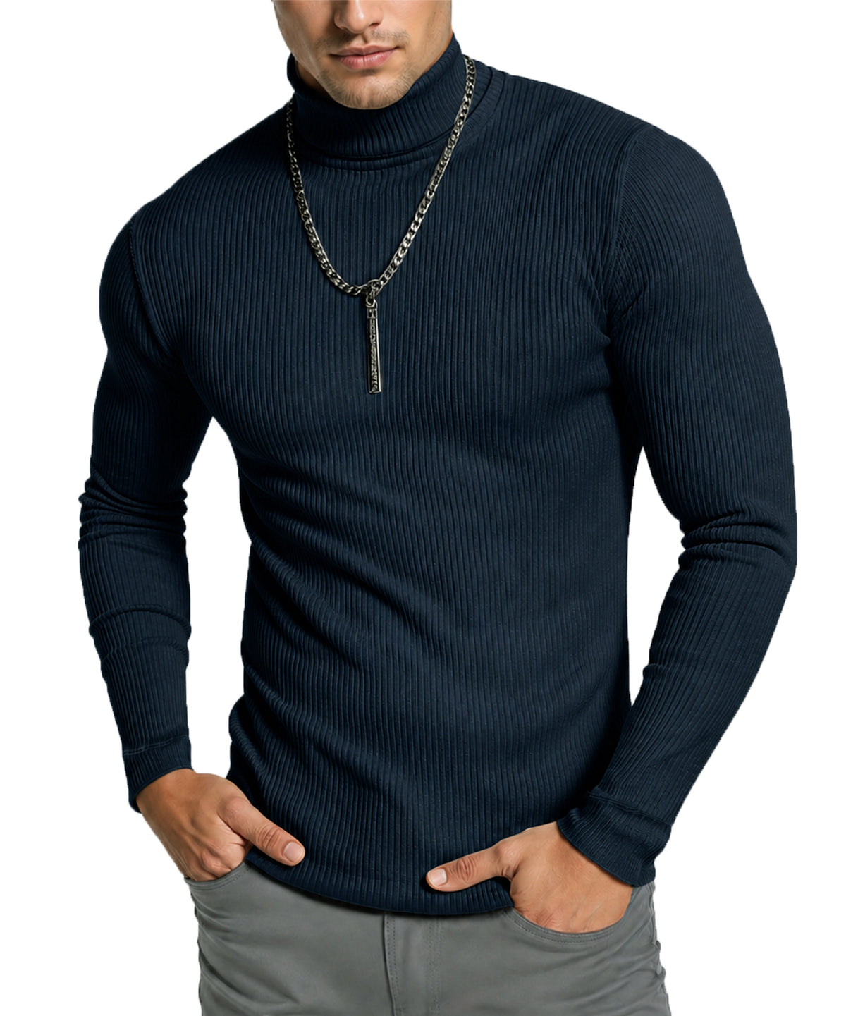 Soft Stretch Cotton Blend Ribbed Turtleneck Men Slim Fit Pullover Shirt