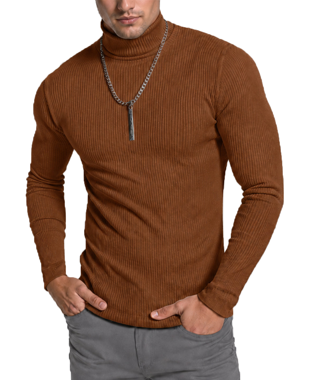 Soft Stretch Cotton Blend Ribbed Turtleneck Men Slim Fit Pullover Shirt