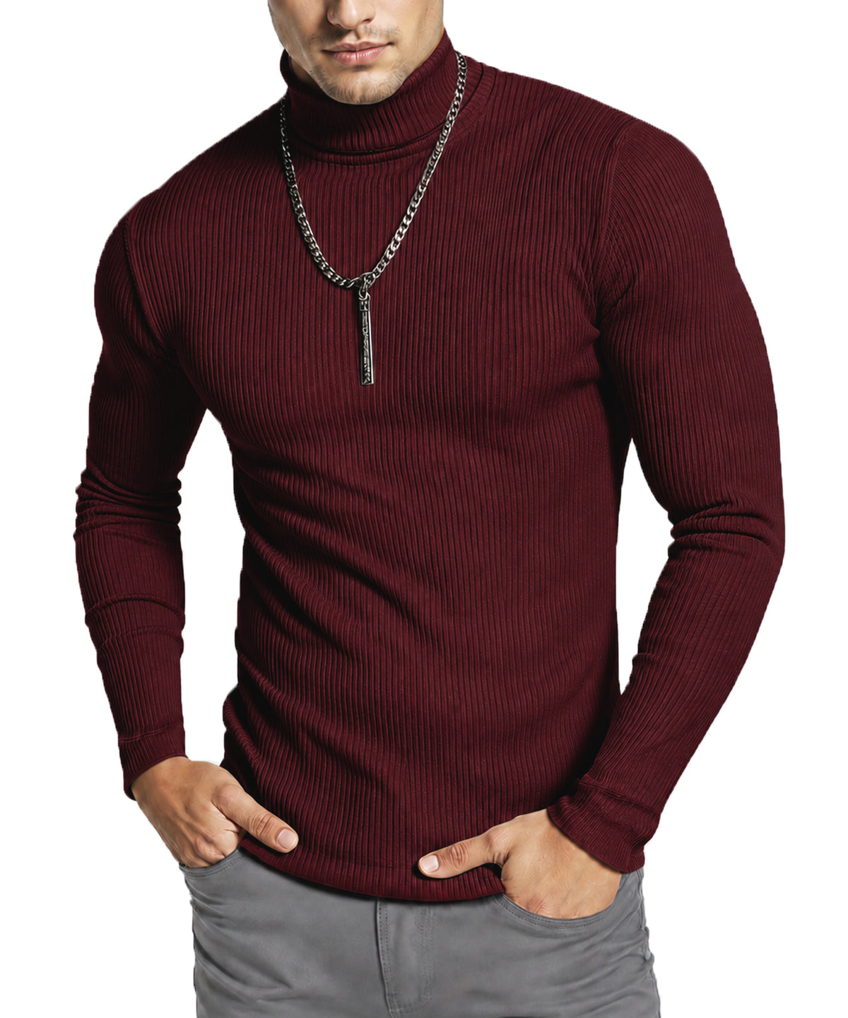 Soft Stretch Cotton Blend Ribbed Turtleneck Men Slim Fit Pullover Shirt