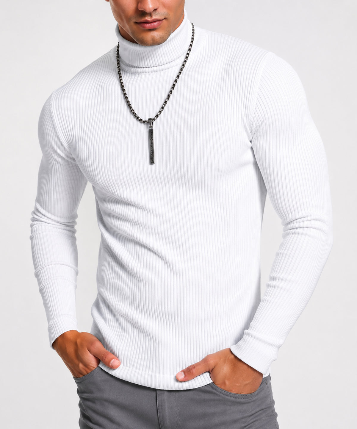 Soft Stretch Cotton Blend Ribbed Turtleneck Men Slim Fit Pullover Shirt